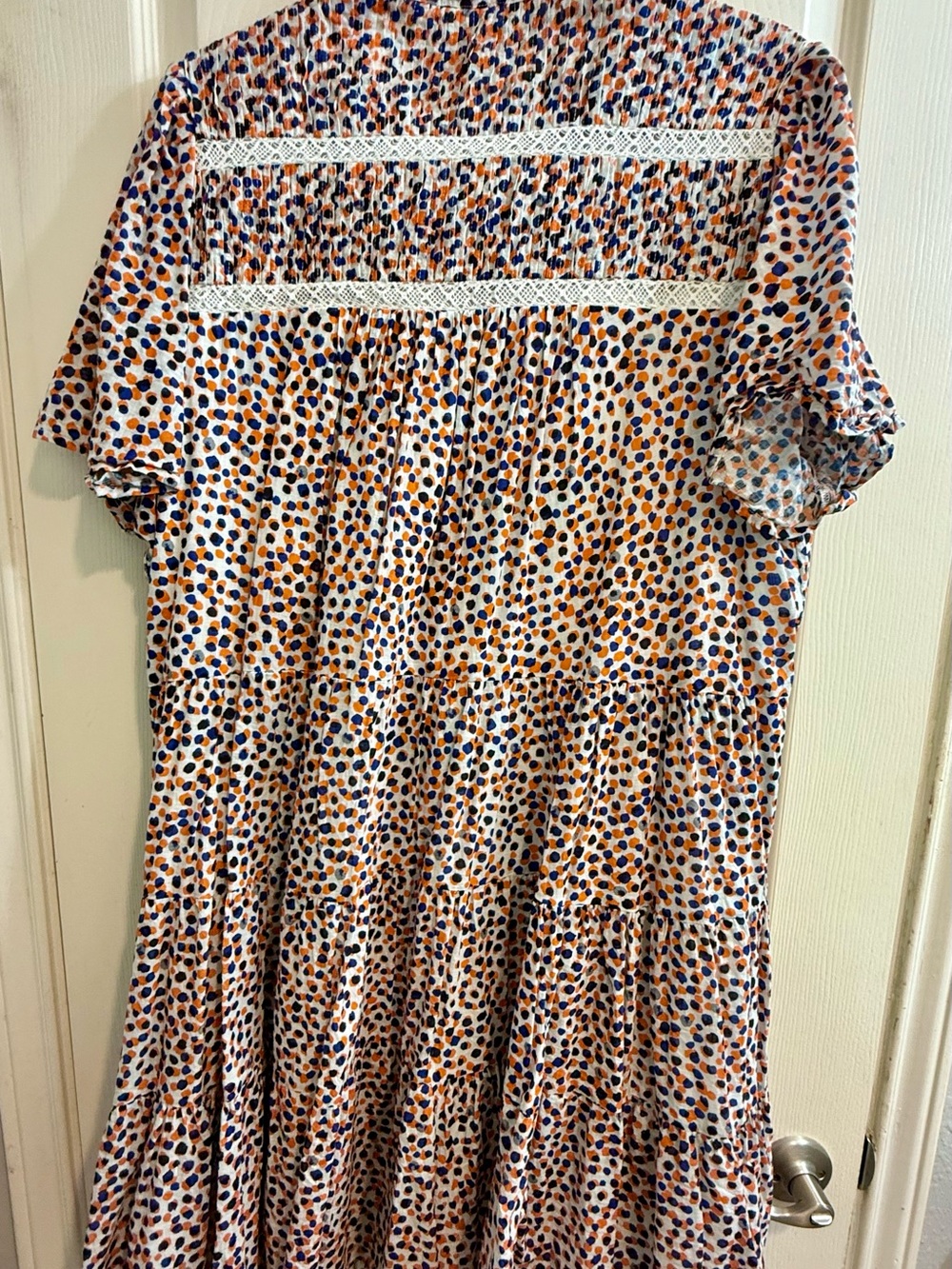 Anthropologie Short Sleeve Tiered Dot Print Dress - Blue & Orange - Picture 3 of 7